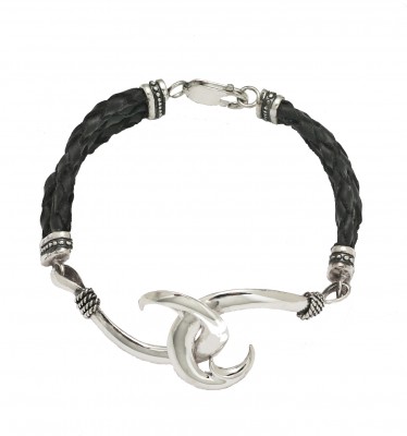 Solid Sterling Silver And Genuine Braided Leather Large Circle Hook Bracelet